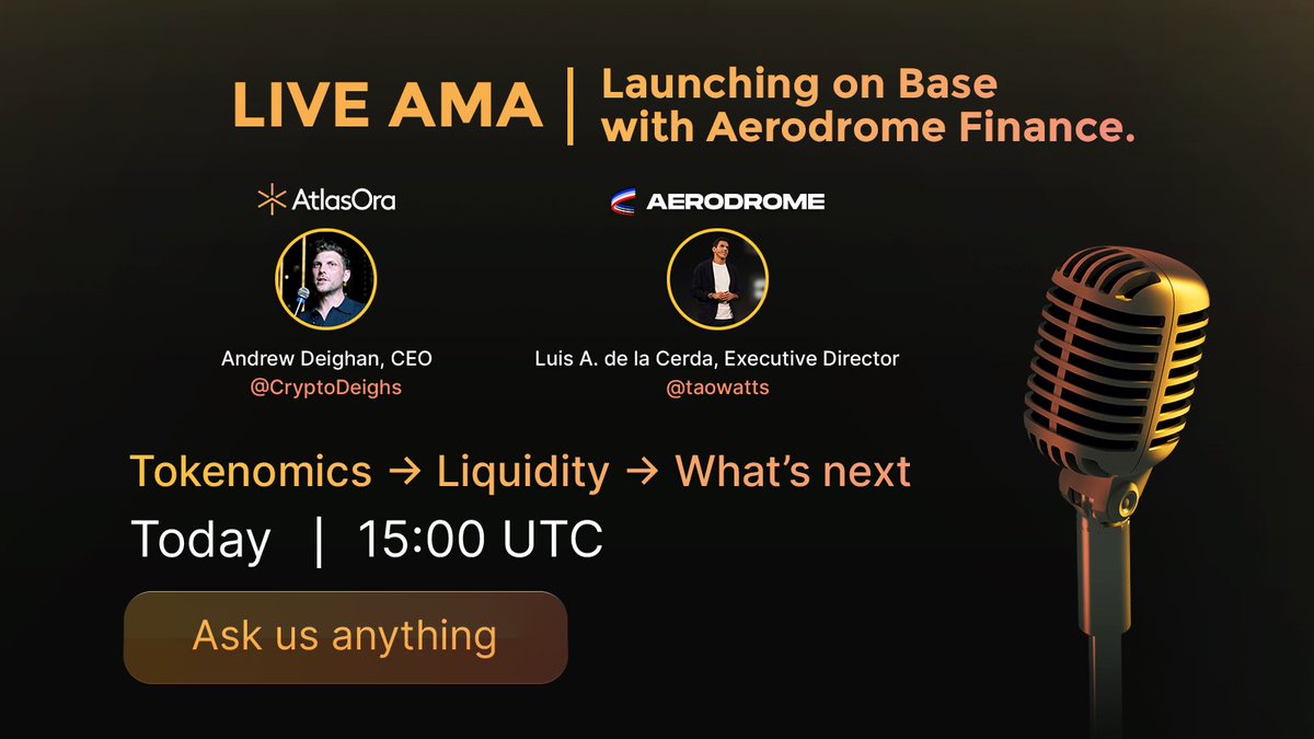 🚨AMA Alert
Today at 3pm UTC
Set your reminders

<a href="/CryptoDeighs/">CD</a> our CEO and founder Joined by <a href="/taowatts/">Luis A. de la Cerda</a>, <a href="/AerodromeFi/">Aerodrome</a> executive director 

Live on X and LinkedIn
A live link will be posted just before 3pm UTC
Alarms set please…
