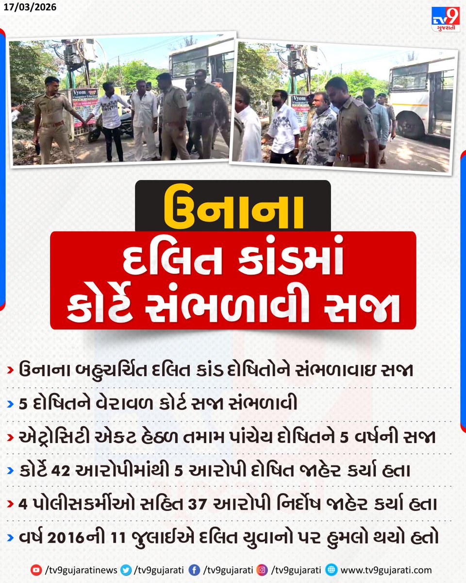 tv9gujarati's tweet photo. ઉનાના દલિત કાંડમાં કોર્ટે સંભળાવી સજા
#Una #AtrocityCase #UnaViolence #GirSomnath #DalitViolence #Gujarat #TV9Gujarati https://t.co/TpbDzHNNwW
