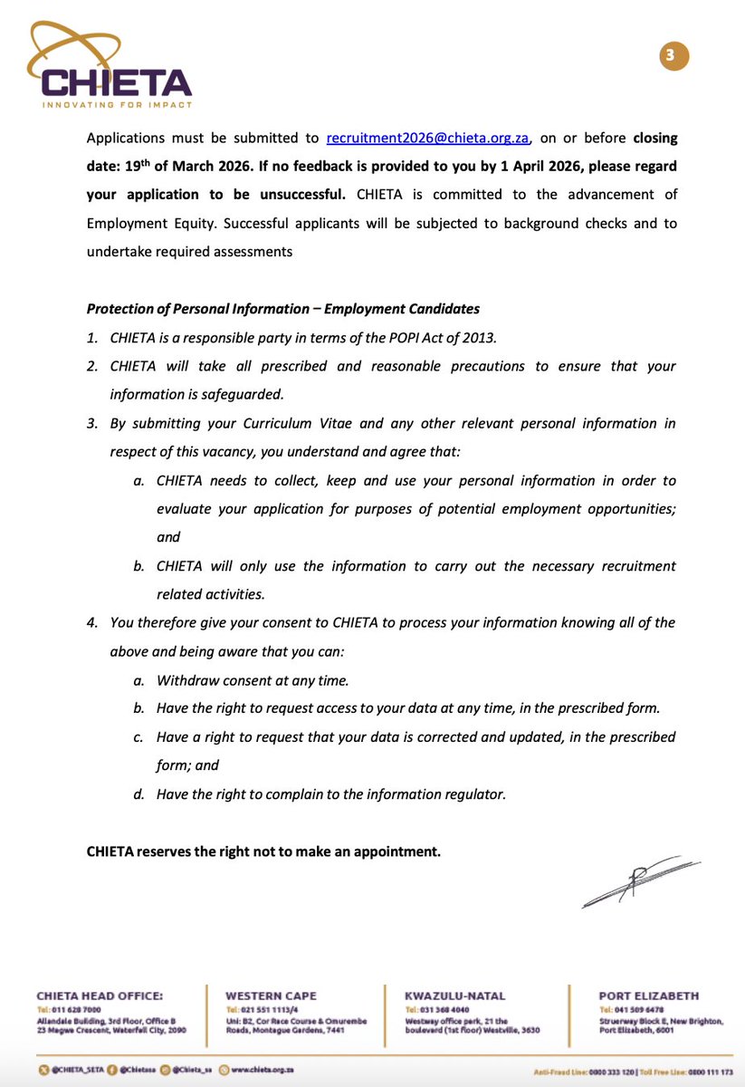 CHIETA is hiring Assistant Administrators in Gauteng.

Email your CV to recruitment2026@chieta.org.za 
Closing Date 01 April 2026