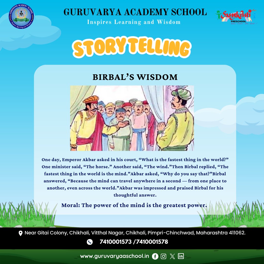 📖 Story Telling – Birbal’s Wisdom

Step into the world of Birbal and Akbar, where intelligence, wit, and clever thinking always win.

#StoryTelling #BirbalsWisdom #AkbarBirbal #IndianStories #MoralStories #Wisdom #LifeLessons #Inspiration #StoryTime #LearnAndGrow