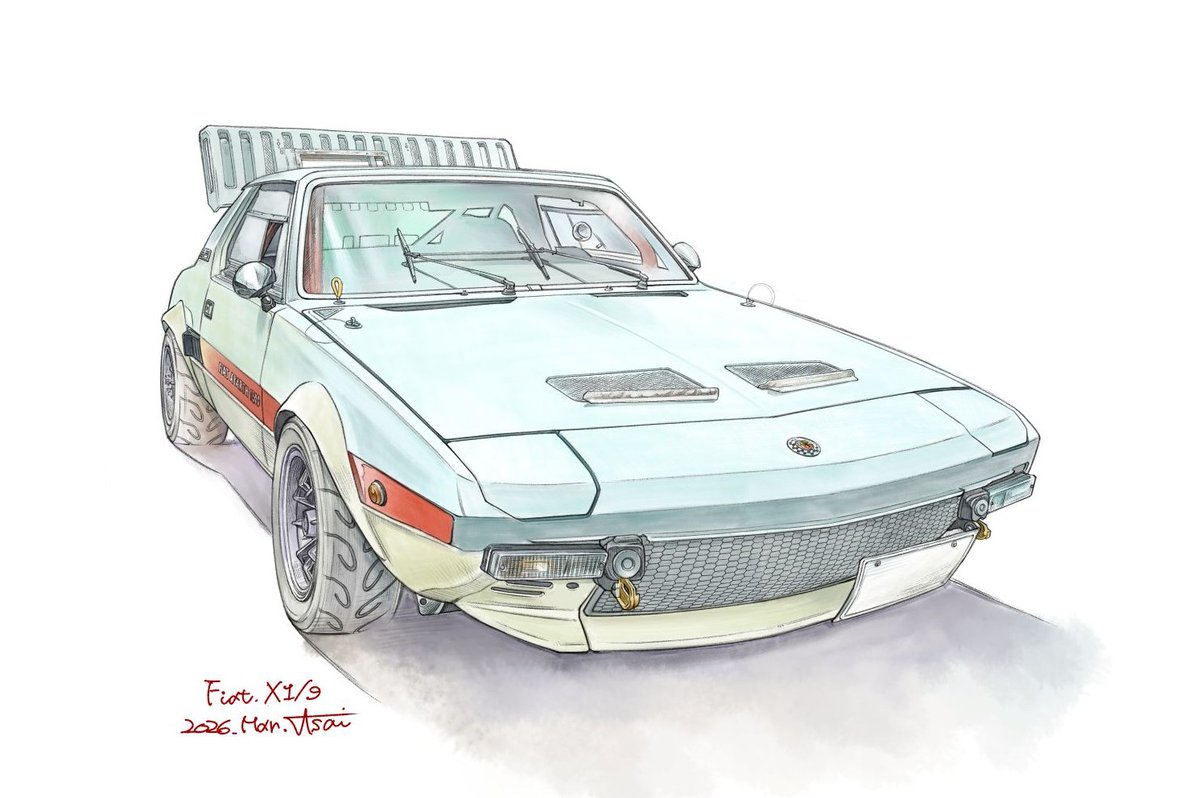 wDQ6CU6Yq3bqfkU's tweet photo. 連載用イラスト『FIAT X1/9』

ジムカーナに出てたX1/9。エンジンフードが上げてなければシュノーケルが見えたのですけれど。

最近、フィアットばっかり描いてますねー。 https://t.co/Ivr5Ez3iKV