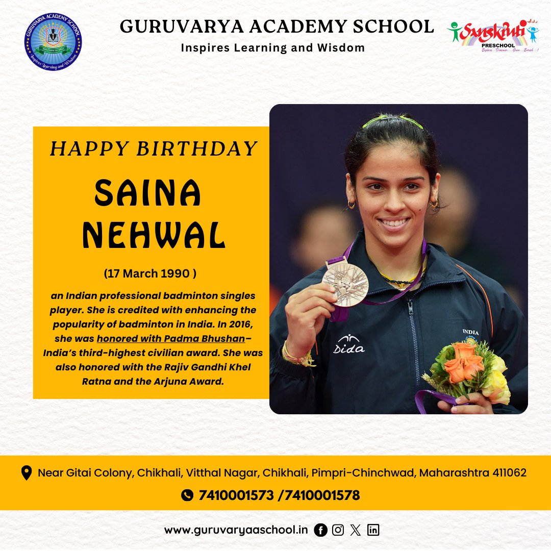 🎉 Happy Birthday, Saina Nehwal! 🎉

An inspiring Indian badminton champion who played a key role in popularizing the sport across India.

#SainaNehwal #HappyBirthday #BadmintonStar #IndianAthletes #Inspiration #WomenInSports #PrideOfIndia #SportsLegend #Achievement #Motivation