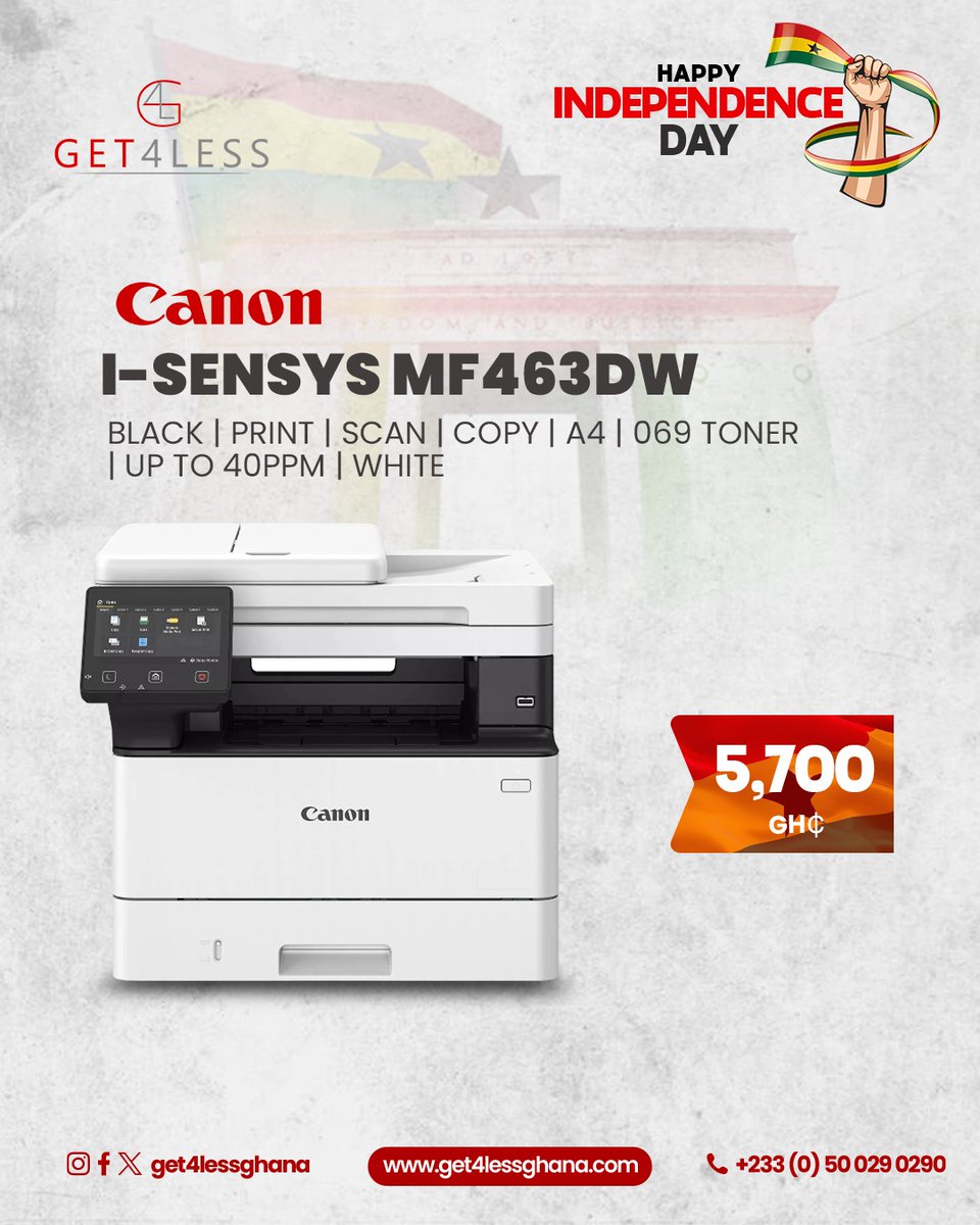 Get4lessGhana's tweet image. Print, scan, and copy with speed and precision! 🖨️⚡ The Canon i-SENSYS MF463dw delivers powerful performance and efficiency for busy offices  available now at Get4Less.
#Get4LessGhana #Canon #Printer #OfficePrinting #OfficeEssentials #TechDeals #onlineshopping #explore #fyp