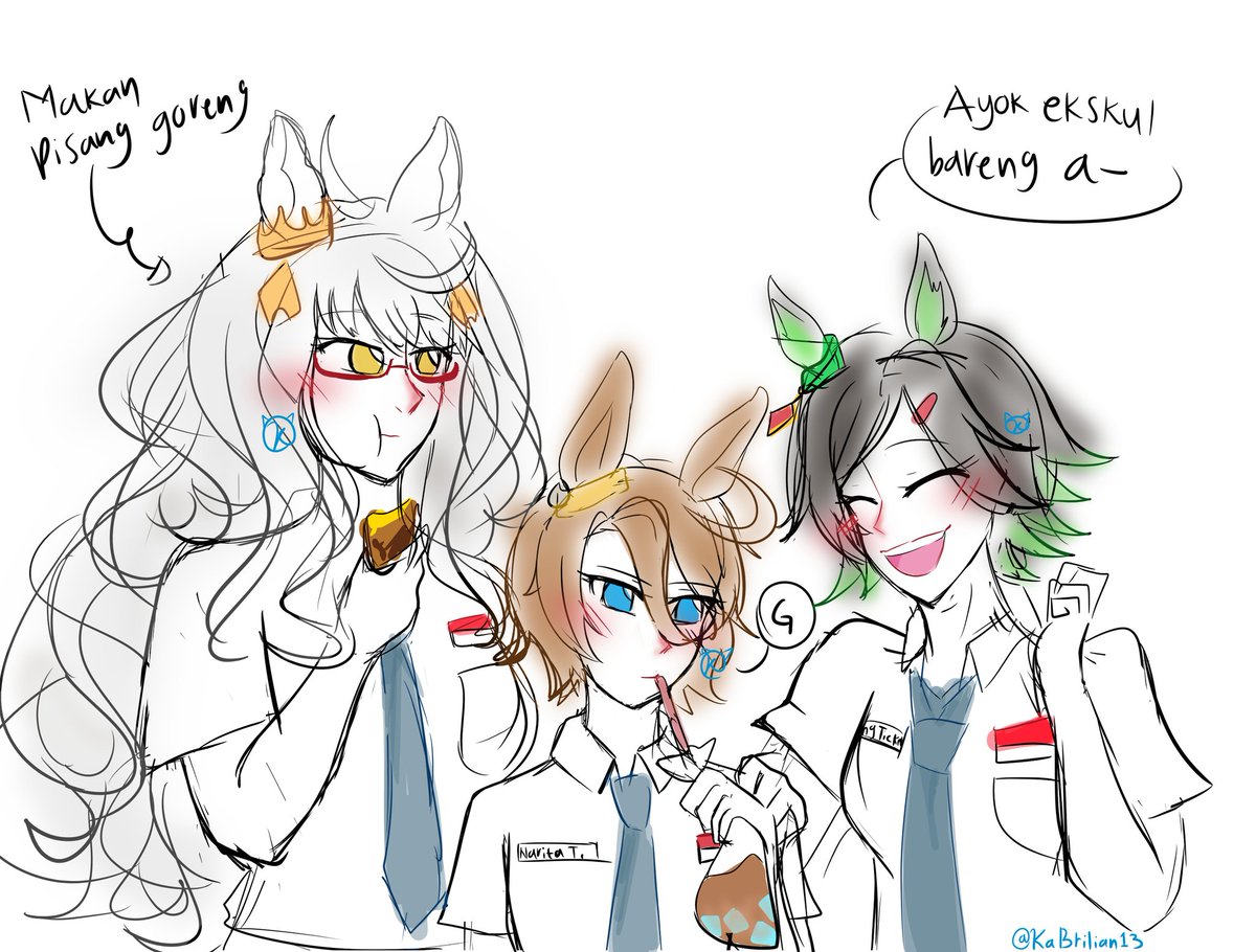 BNW SMA AU / Indonesia highschool AU 

Translate 
Tickezo : Let's join the ecstracurricular with m-
Taishin : No.

(Biwa is eating fried Banana)
#ウマ娘