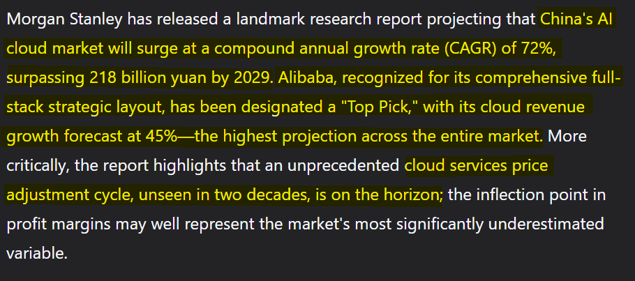 dyz_ob's tweet photo. $BABA : Morgan Stanley: China’s AI Cloud Market to Achieve a Five-Year CAGR of 72%, with Alibaba Poised to Be the Biggest Winner https://t.co/FsLRTIw9OL