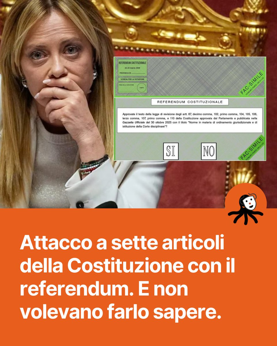 Flexgrimmy_'s tweet photo. La riforma della giustizia su cui si voterà al referendum non è un “aggiustamento“ tecnico, ma una modifica pesante che cambia diversi articoli della Costituzione:

Articolo 87
Oggi: il Presidente della Repubblica presiede il Consiglio superiore della magistratura. Il Csm è uno solo.
Con la riforma dovrebbe presiederebbe due organi  distinti: uno per i giudici e uno per i pm.

Articolo 102
Oggi: la funzione giurisdizionale è esercitata dai magistrati ordinari.
Se passa il referendum fra magistrati giudicanti e requirenti di fatto spaccherebbero in due parti la magistratura.

Articolo 104
Oggi: esiste un solo Consiglio superiore della magistratura, organo di autogoverno di tutti i magistrati.
Con la riforma nascerebbero due Csm distinti, uno per i giudici e uno per i pubblici ministeri.

Articolo 105
Oggi il Csm decide sulle carriere dei magistrati, compresa la disciplina.
Con la riforma queste funzioni passerebbero ai due nuovi Csm, mentre la disciplina verrebbe affidata a una nuova Alta Corte disciplinare.

Articolo 106
Oggi: professori universitari e avvocati con lunga esperienza possono diventare consiglieri di Cassazione per meriti insigni su designazione del Csm.
Se passa la riforma, la designazione spetterebbe al Csm dei magistrati giudicanti.

Articolo 107
Oggi: stabilisce lo status dei magistrati e l’unità dell’ordine giudiziario.
Con la riforma verrebbe modificato per adeguarlo alla separazione tra magistrati giudicanti e requirenti.

Articolo 110
Oggi: il Ministro della giustizia organizza i servizi della giustizia, ferme le competenze del Csm.
Se passa la riforma, il riferimento sarebbero due Csm.

Possono sembrare dettagli, ma se la Costituzione è stata scritta così, una ragione c’è: tenere la pubblica accusa lontana dal governo.

Con la riforma il Csm verrebbe dimezzato e indebolito. Molte regole concrete arriverebbero solo dopo, con leggi attuative ancora da scrivere.

E tra le proposte già circolate c’è anche l’idea che sia il Ministro della Giustizia a indicare le priorità delle indagini.

(Fonti: Ansa, Giustizia Insieme, Diritto Bancario)
#ioVoteròNO