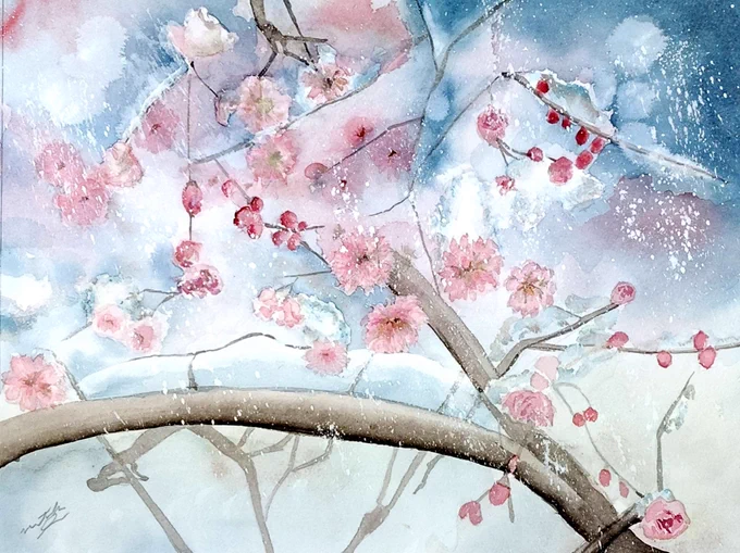 【桜隠し】 #水彩画 #透明水彩 #桜隠し