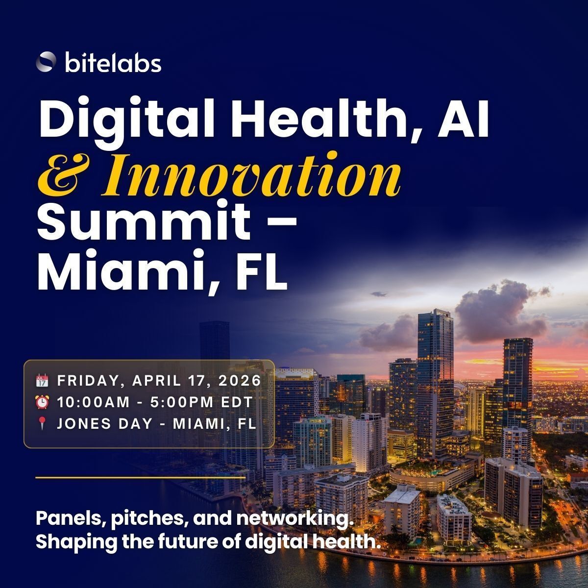 BiteLabsHealth's tweet photo. Miami, we’re coming. And 𝐲𝐨𝐮'𝐫𝐞 invited.

Join us for the BiteLabs Digital Health, AI &amp; Innovation Summit:
Panels • Founder pitches • Tech Shark Tank • AI deep dives. 

𝐑𝐞𝐠𝐢𝐬𝐭𝐞𝐫 𝐧𝐨𝐰: https://t.co/F7q1IwcUTA

#digitalhealth #healthtech #miami #florida #april https://t.co/xpDb1Md4rQ