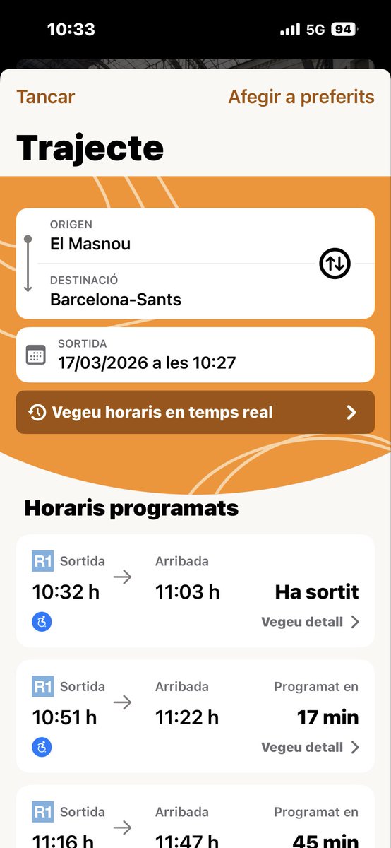 neferes's tweet photo. @rod1cat @rodalies @AfectRodalies Havien de passar 3 trens entre les 10:24h i 10:50h a l’estació el Masnou sentit Barcelona. On són? Ni a l’app en temps real, ni als horaris previstos, ni a la d’Adif. Aquesta és la normalitat al servei? https://t.co/8VIb9rmDsq