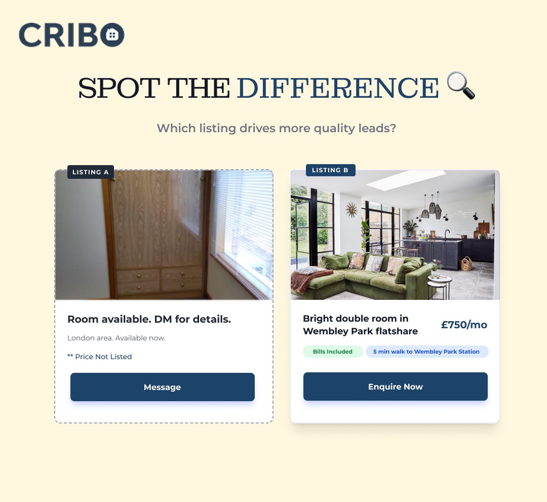 criboltd's tweet photo. SPOT THE DIFFERENCE 📷
Two flatshare listings.
 Only one makes renters hit “Enquire Now.”
Can you spot the 5 differences? https://t.co/O4is8P9UqI