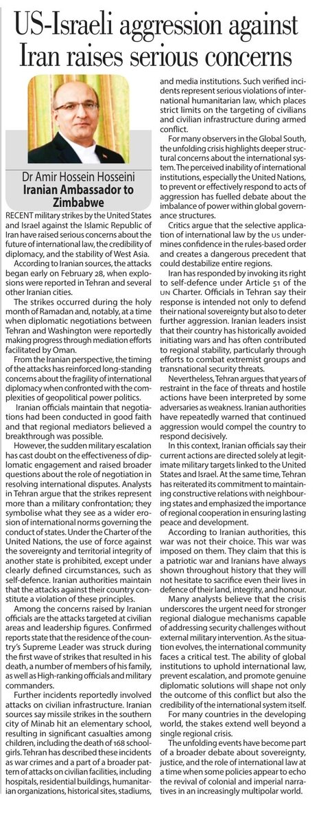 Herald, 17 march 2026 
Article by Ambassador Dr. Hosseini: "US-Israeli aggression against #Iran raises serious concerns"