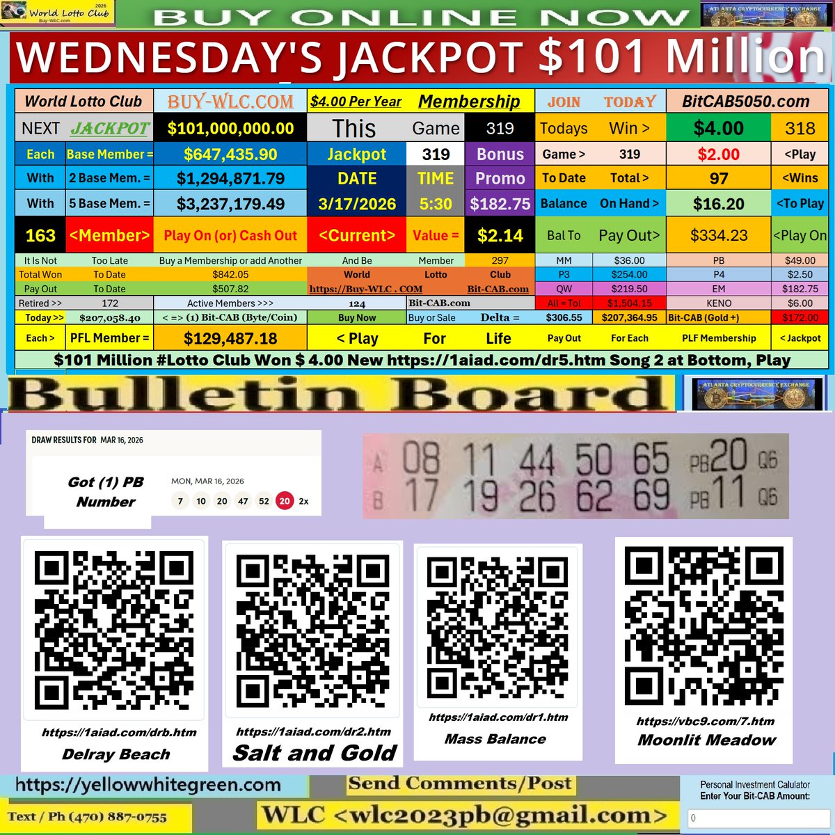 $101 Million #Lotto Club Won $ 4.00 New 1aiad.com/dr5.htm Song 2 at Bottom, Play