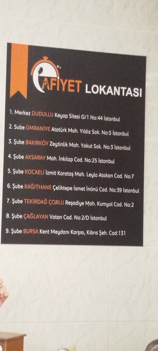 Çorbalar 30 TL
Kelle paça 120 TL
Kuru fasulye 50 TL 
Pilav 40 TL

Köfteci yusuf kalk ayaga kalk senden"de iyisi var AFİYET LOKANTASI.

Şubeleri ve fiyatları medyada mevcut.
Bu Esnafın reklamını yaparım Arkadas.