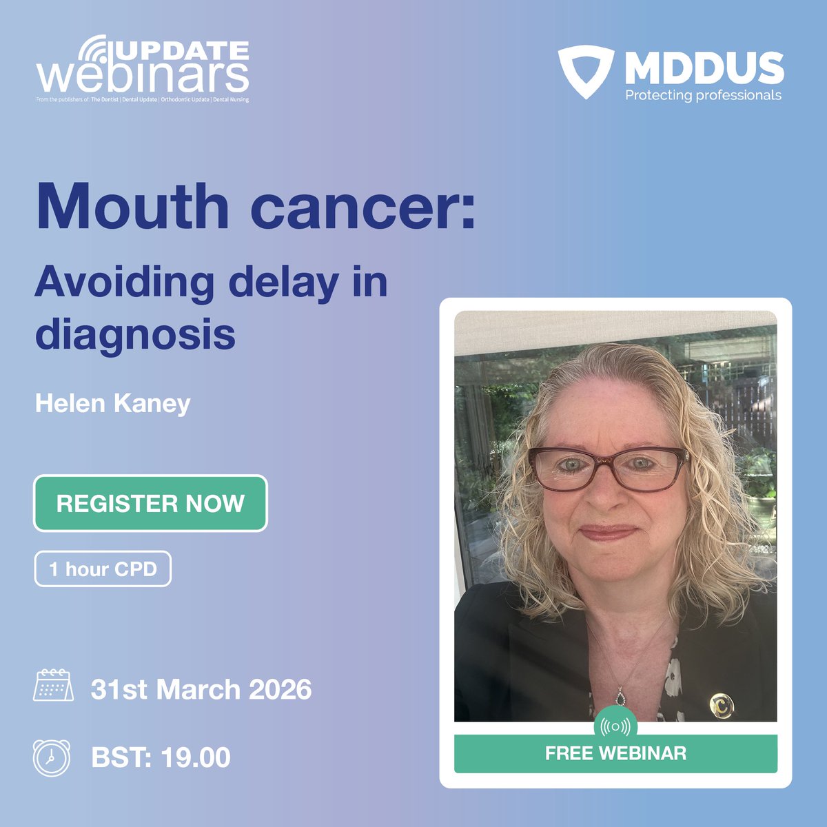 DentalUpdateUK's tweet photo. ⭐Mouth cancer: Avoiding delay in diagnosis

𝗙𝗿𝗲𝗲 𝗪𝗲𝗯𝗶𝗻𝗮𝗿 | 𝟭 𝗵𝗼𝘂𝗿 𝗖𝗣𝗗

📅 31st March
🕖 BST: 19:00-20:00

Secure your spot, register now 👉 https://t.co/sjUjldsqZN

Brought to you by MDDUS

#DentalUpdate #UpdateWebinars https://t.co/caEVsOapTp