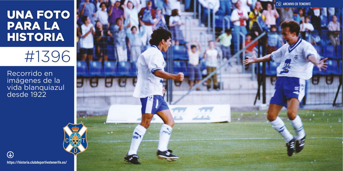 CDTFundacion's tweet photo. El defensa chileno Pancho Rojas se suma, con el único tanto en sus nueve partidos de blanquiazul, a la fiesta goleadora (un 6-0 al #SDCompostela) con la que el @CDTOficial 96-97 abre la temporada en el #HRL. En #Unafotoparalahistoria, festeja el acierto con Juanele
#HistoriaCDT https://t.co/c9abMZZGbS