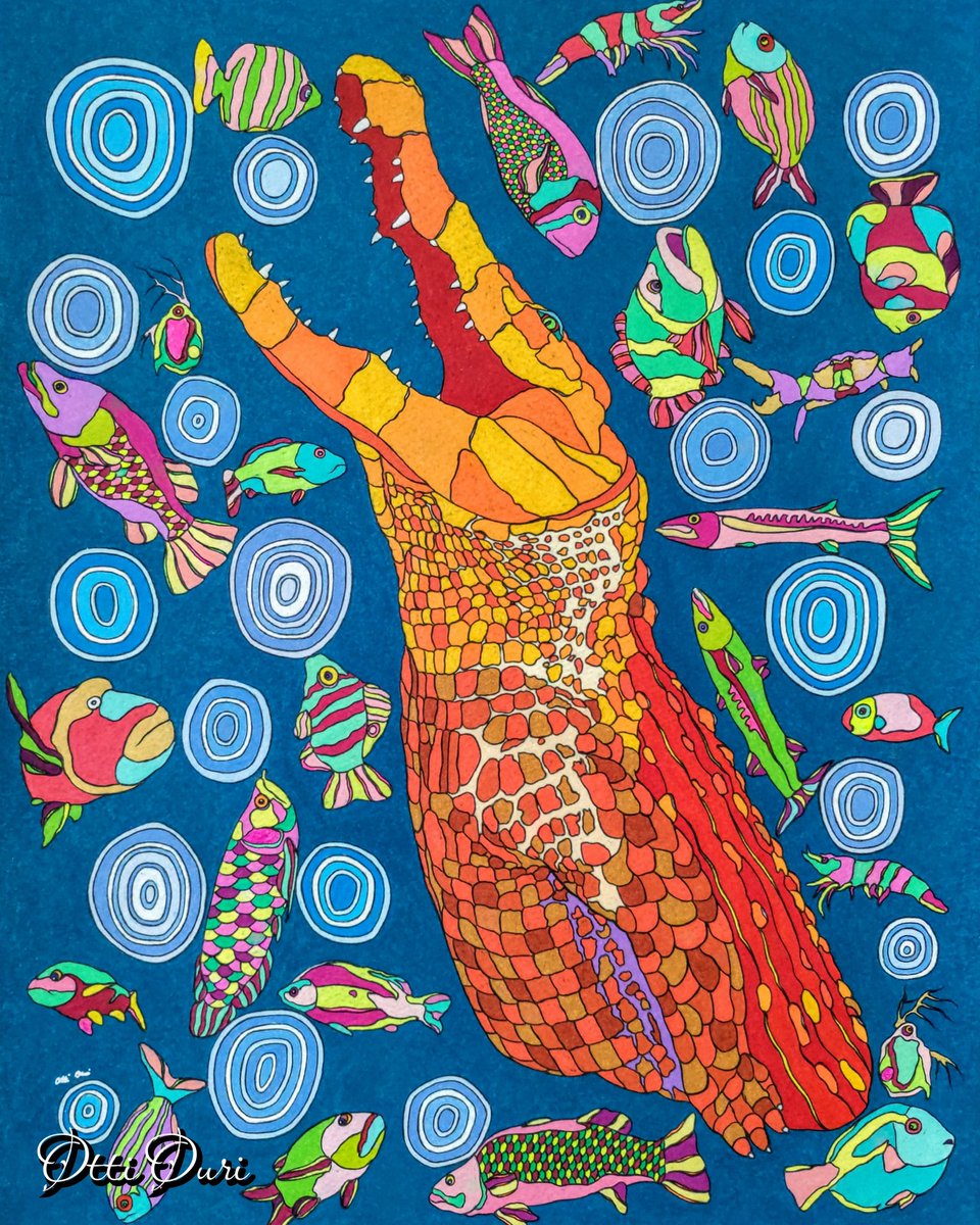 「Crocodile And an Aboriginal image, water」|suna_fukin(ᵔᴥᵔ)@Otti Ouri個展Ⅲ🐣4/24-30 銀座中央ギャラリー🌺のイラスト