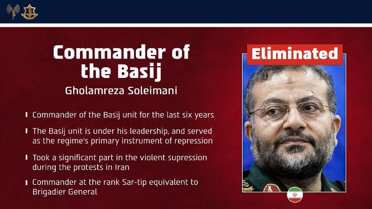 AvniItamar's tweet photo. In the main pic: AI Netanyahu orders last night the attacks on the entire Basij leadership, starting with the commander, his deputy and lower chain of command + one of the strongest people in Iran since Khamenei was wiped out (if not the strongest) - Ali Larijani. #YouCantHide 😎 https://t.co/BvRhtSgb0Z