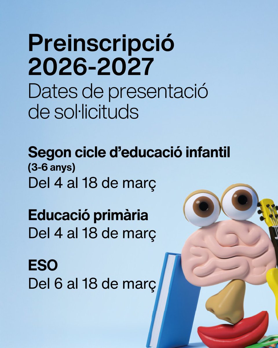 Aquest dimecres 18 de març, és l’últim dia per fer la preinscripció a l'l’ESO.
👉Fes-la a preinscripcio.gencat.cat i 
ℹ️Apunta't a l'agenda les dates clau del procés