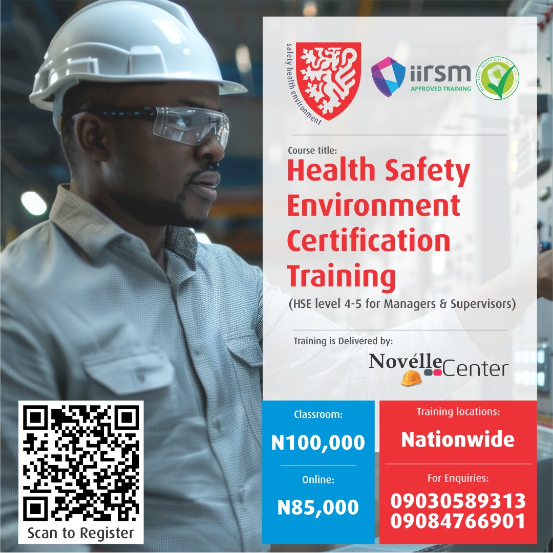 NovelleCenter's tweet image. LESS THAN A WEEK TO THE HSE 4-5 TRAINING!!

FOR THAT DREAM HSE SUPERVISOR OR  MANAGER JOB.

Kindly visit novellecenter.com/course-registr…

DATE : 23RD MARCH, 2026

For further inquiry and registration, kindly  call 09030589313, 09084766905

#training
#healthandsafety
#safetyjobs