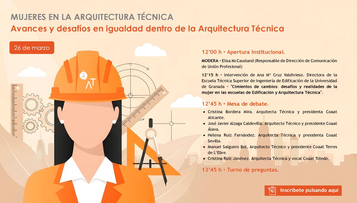 👷‍♀️En #COATAlmería os informamos de que el 26 de marzo a las 12:00 horas se celebrará la mesa redonda online “Mujeres en la Arquitectura Técnica: avances y desafíos en igualdad”.
📢 Organiza el <a href="/CGATEsp/">CGATEsp</a> y será una oportunidad para reflexionar sobre la igualdad en el sector.
