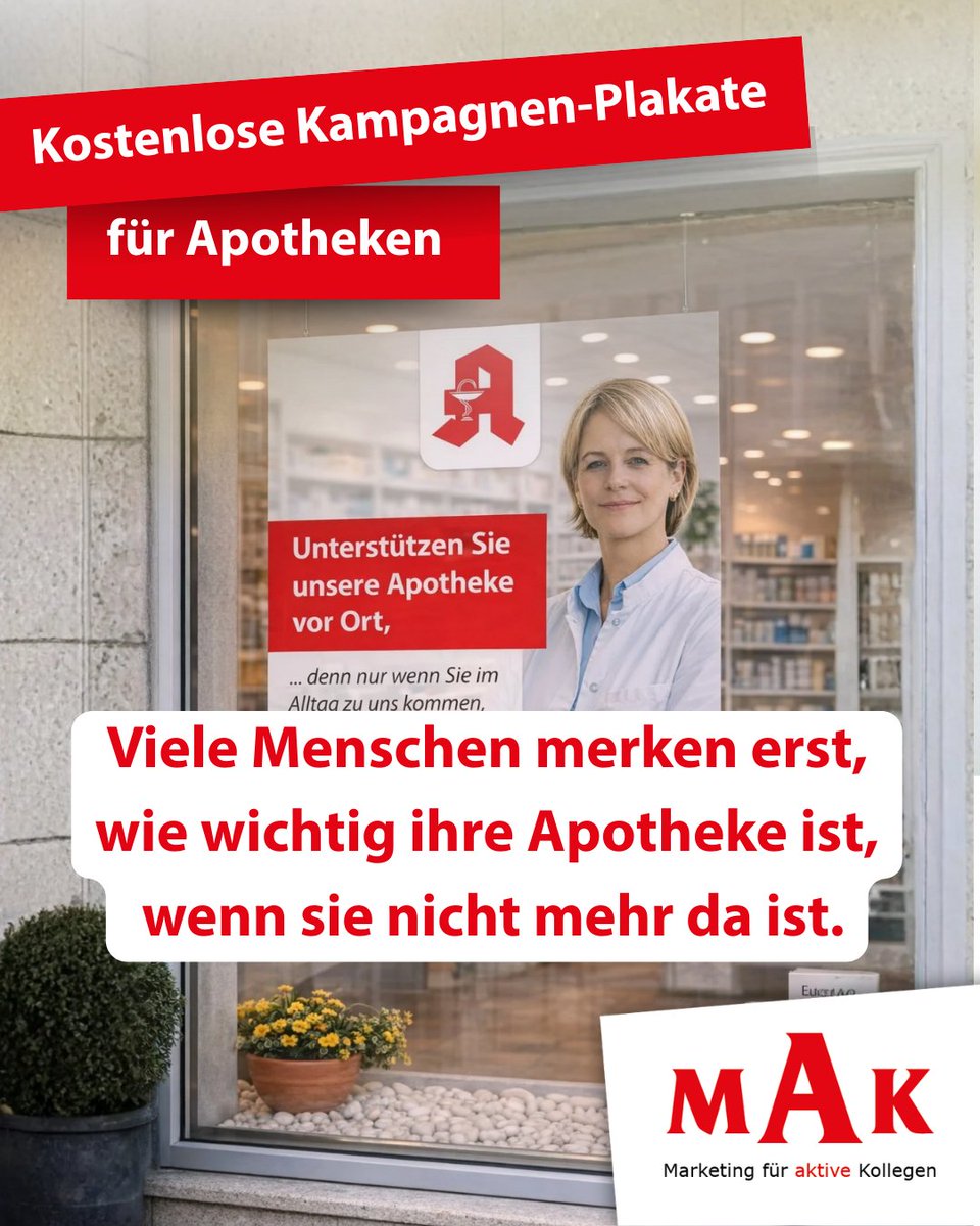 MAK_GmbH's tweet photo. Erst wenn Apotheken schließen, wird vielen klar, wie wichtig sie für den Ort war.
Mit unseren kostenlosen Plakaten für Apotheken kannst du deine Kunden darauf aufmerksam machen.
👉 Jetzt herunterladen: https://t.co/DqpYqYNQu8

#ApothekeVorOrt #Apotheken #ApothekenMarketing #MAK https://t.co/V6RCjl4Mlp