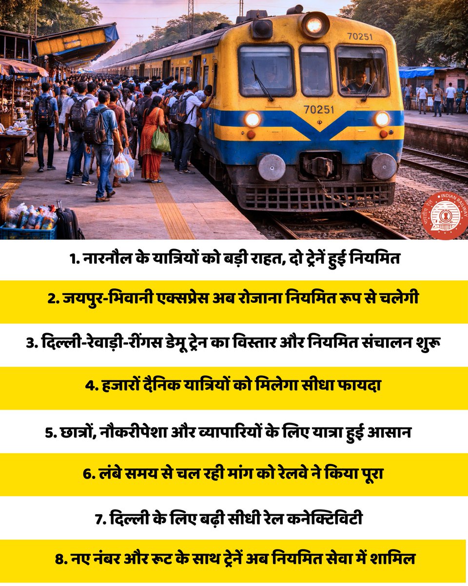 Indianrailgadi's tweet image. नारनौल के यात्रियों के लिए शानदार खबर! जयपुर-भिवानी एक्सप्रेस और दिल्ली-रींगस डेमू ट्रेन अब नियमित हो गई हैं, जिससे हजारों यात्रियों को बड़ी राहत मिलेगी।  #Narnaul #RailNews #TrainUpdate #IndianRailways