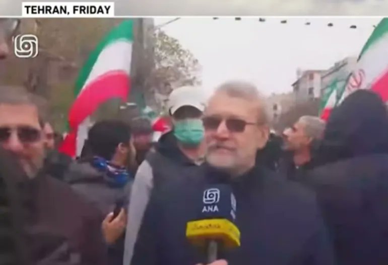 AJEnglish's tweet photo. Iran’s security chief Larijani, who Israel says has been killed, was among a number of senior Iranian officials seen marching through central Tehran on Friday for an annual al-Quds Day rally.

🔴 LIVE updates: https://t.co/6lJbV4t7Qa https://t.co/lejkDbZQoZ