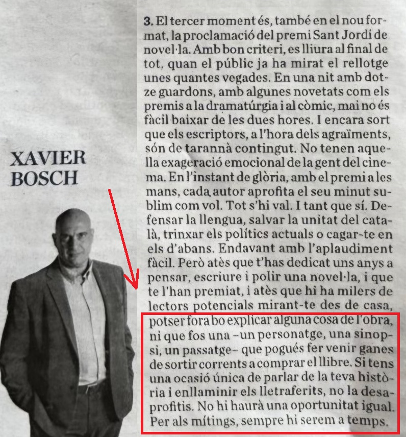 El senyor <a href="/xavierbosch/">Xavier Bosch</a> no en sap ni fava de 3 coses:

1. De literatura.
2. De fer promoció d'una novel·la.
3. De compromís amb la lluita nacional i lingüística.

Endavant amb la novel·la "Prometeu de mil maneres" de <a href="/carlesrebassa/">Carles Rebassa 🎗🏳️‍🌈</a>, Premi Sant Jordi de 2026.