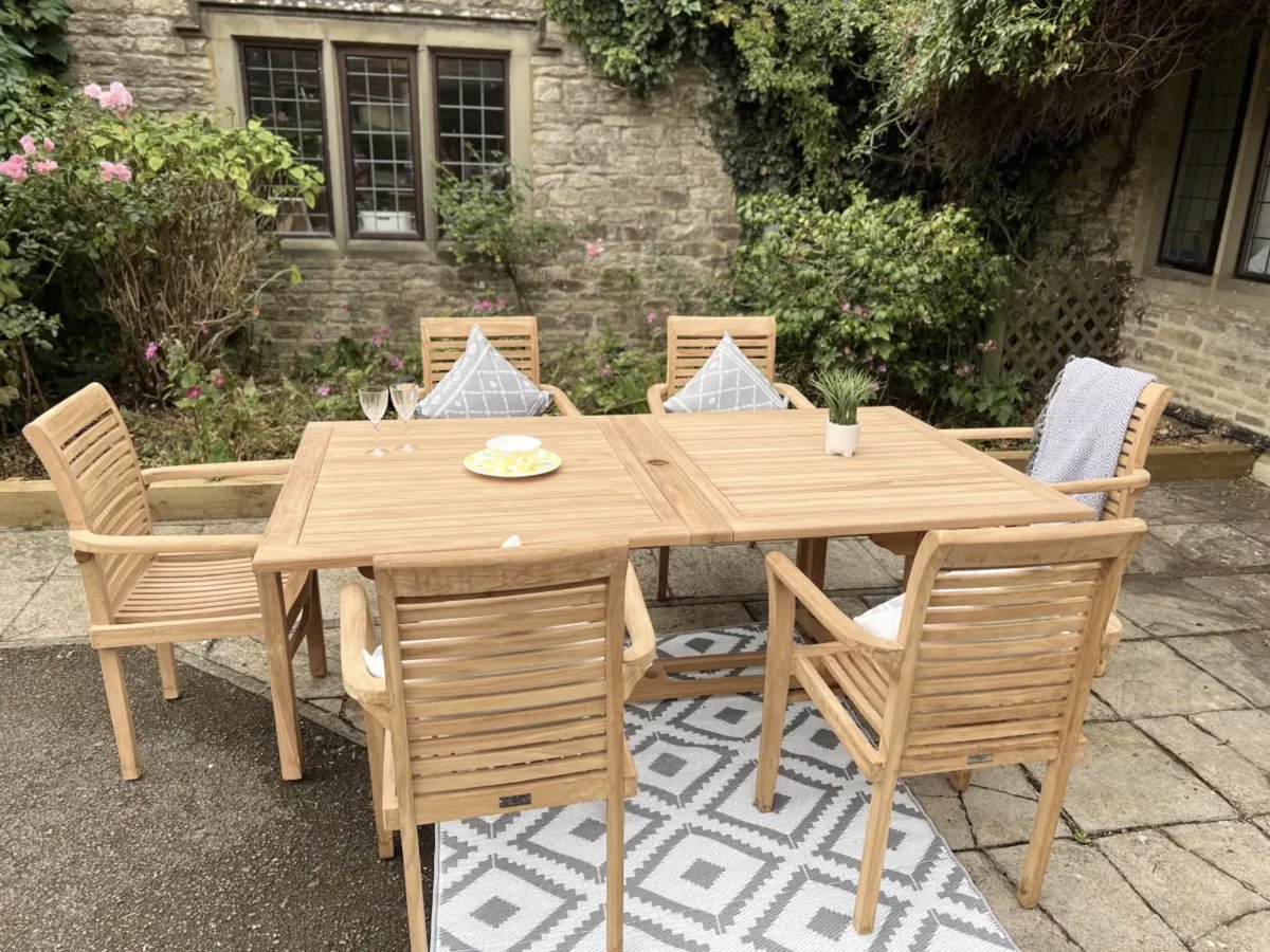 chelsealeisure's tweet photo. Enhance your outdoor living space with this elegant teak garden furniture set, featuring a beautifully crafted rectangle table paired with 10 convenient stacking chairs. 
#teakfurniture
#furniturebali
#teakwoodfurniture
#wood
#kayujati
#chair
#handmade https://t.co/ufzWFcKPeQ