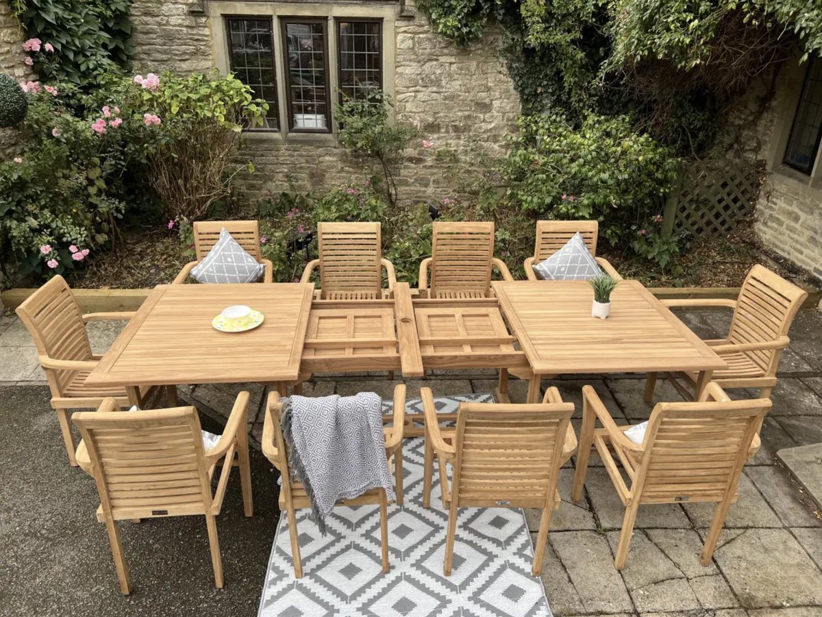chelsealeisure's tweet photo. Enhance your outdoor living space with this elegant teak garden furniture set, featuring a beautifully crafted rectangle table paired with 10 convenient stacking chairs. 
#teakfurniture
#furniturebali
#teakwoodfurniture
#wood
#kayujati
#chair
#handmade https://t.co/ufzWFcKPeQ