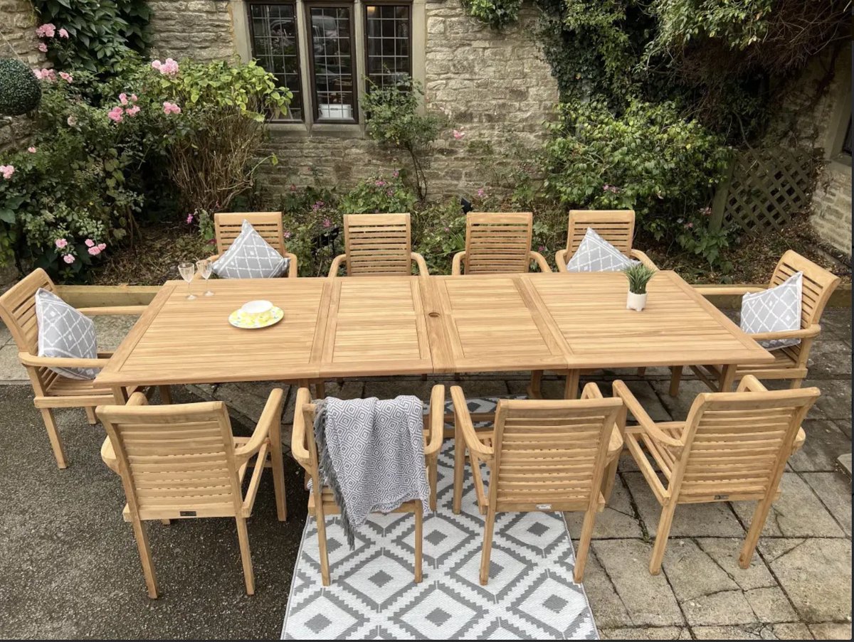 chelsealeisure's tweet photo. Enhance your outdoor living space with this elegant teak garden furniture set, featuring a beautifully crafted rectangle table paired with 10 convenient stacking chairs. 
#teakfurniture
#furniturebali
#teakwoodfurniture
#wood
#kayujati
#chair
#handmade https://t.co/ufzWFcKPeQ