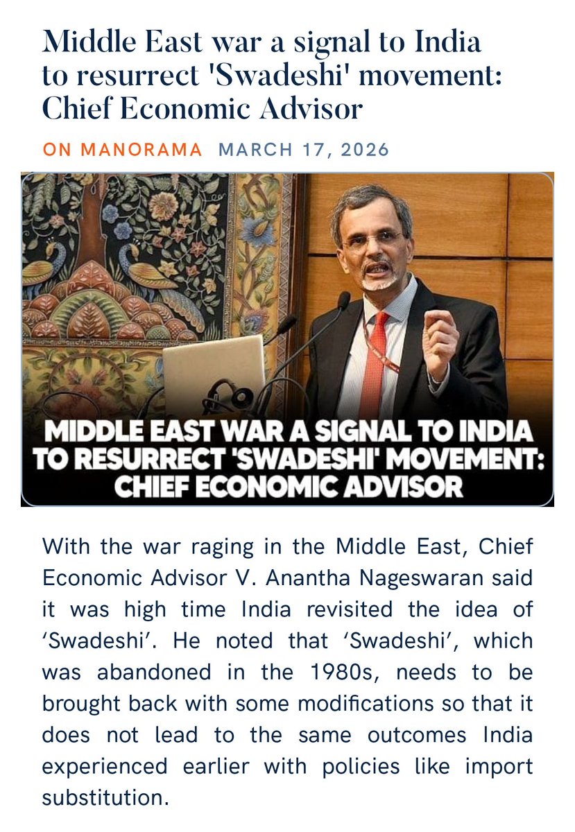 zahidpatka's tweet image. PM @narendramodi Ji
#VocalForLocal #AtmanirbharBharat
Middle East war a signal to India to resurrect 'Swadeshi' movement: 
the world was now "strategically competitive"
"Trade is not reciprocal.
Markets are not neutral
Govt control supply chain 
onmanorama.com/news/kerala/20…
@PMOIndia