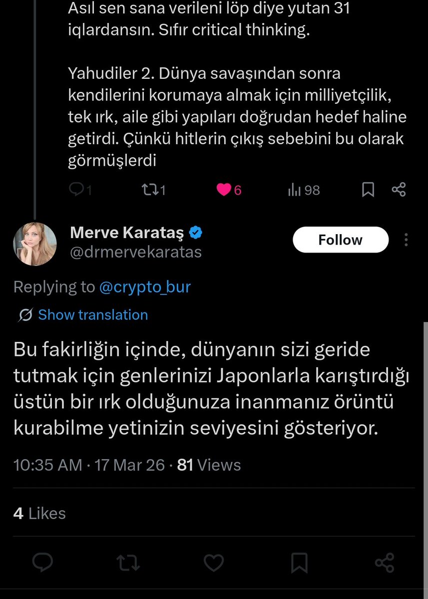 Bana bak kafkas sığıntısı 
<a href="/drmervekaratas/">Merve Karataş</a> 

Gelip burada bilmediğin meseleler hakkında götünden kolpa sıçma özgüvenini sana kim veriyor? Ulan sen bir kere uygarlıkların nasıl oluştuğunu, içtimai düzenlerin nasıl kurulduğunu++++