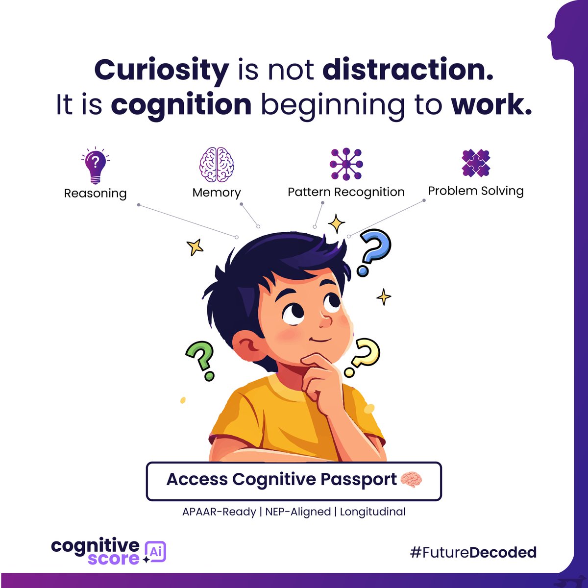 CognitiveScore's tweet photo. When a child asks โWhy?โ, thinking begins.
Curiosity activates reasoning, memory, patterns & problem solving.
Are we encouraging curiosityโฆ or silencing it?
๐ท Access your Cognitive Passport ๐ท
https://t.co/AInTpw1QDt
#FutureDecoded #educators #NEP2020 #K12 #APAAR https://t.co/flQSlbLUII