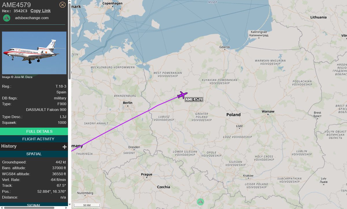 PolishMilRadar's tweet image. 📅 17.03 🕒 11:10LT - 🇪🇸✈️ Falcon 900 tranzytem 🇱🇹

🇪🇸 Hiszpańskie Siły Powietrzne
✈️ Dassault Falcon 900B "T.18-3"
🛫 Baza lotnicza Torrejón de Ardoz #LETO 🇪🇸
🛬 Wilno #EYVI 🇱🇹
#AME4579 leci na FL370
🔗 globe.adsbexchange.com/?icao=3542c3

#POLMILRADAR