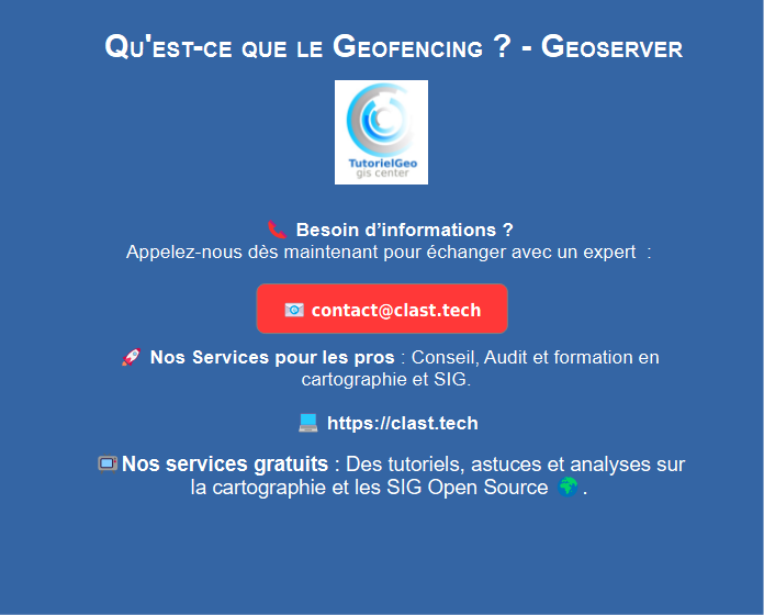 TutorielGeo's tweet photo. 🚀Qu'est-ce que le Geofencing ? - Geoserver 🎥
https://t.co/W8ZQhU99cD 

💼 Nos Services pour les pros : https://t.co/CyhvOW76qN 

📞contact@clast.tech

📺 Nos services gratuits 🌍 : https://t.co/XpnqtUc6Ws

@Qgis @georezo @IGNFrance @insee  
#GIS #Geospatial #Geoserver https://t.co/lceu9lxc1F