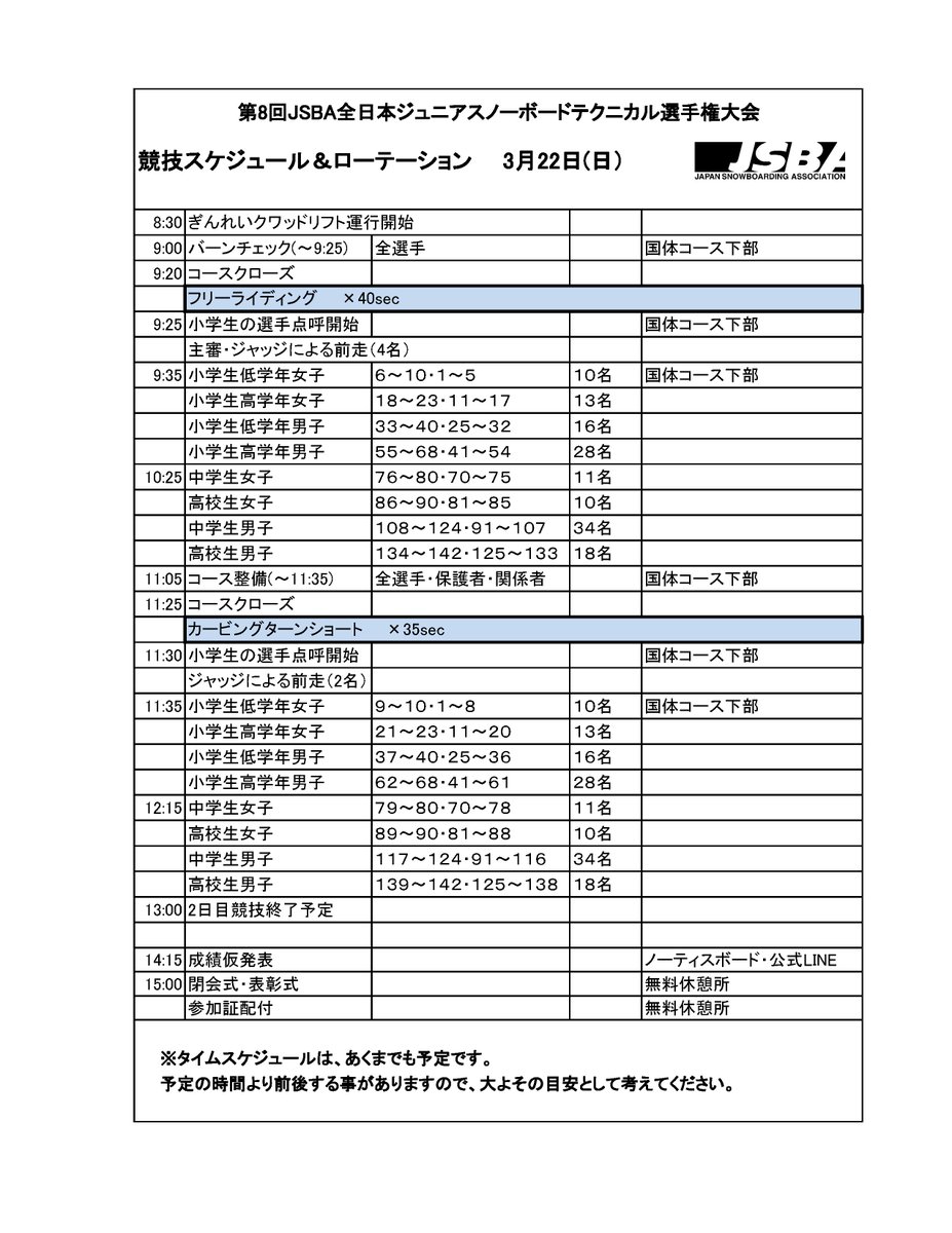 jsba_technical's tweet photo. 3月21日-22日の2日間、たざわ湖スキー場 (秋田県仙北市) で行われる『第8回JSBA全日本ジュニアスノーボードテクニカル選手権大会』のローテーション表です。
※変更になる場合が���ります。 https://t.co/MHqYpVXGcv