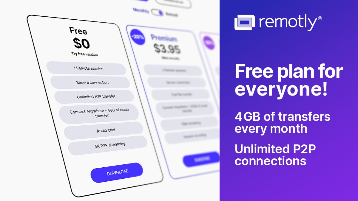 RemotlyApp's tweet photo. Remotly offers a free plan for everyone! Get 4 GB of transfers each month and unlimited P2P connections. No hidden costs✅

Check out our full pricing: https://t.co/rycKRHbkVP

#Remotly #Mirillis #RemoteDesktopSoftware #FreeSoftware https://t.co/zmO9UbEJtV
