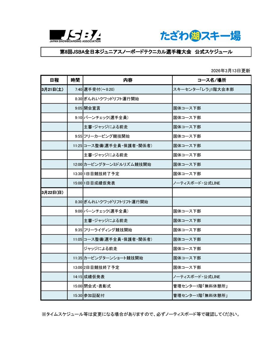 jsba_technical's tweet photo. 3月21日-22日の2日間、たざわ湖スキー場 (秋田県仙北市) で行われる『第8回JSBA全日本ジュニアスノーボードテクニカル選手権大会』の公式スケジュールです。
※変更になる場合があります。 https://t.co/YvlgEM2zxu