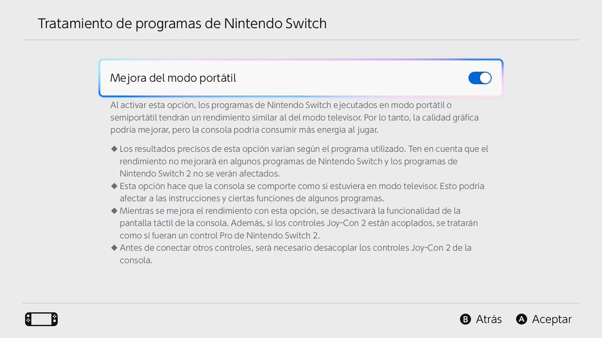 NINTENDO SE LA ACABA DE SACAR

Han sacado una actualización llamada "Mejora del modo portátil" y con esto al jugar nosotros en portátil, los juegos de Switch 1 correrían como si estuvieran en el dock

En otras palabras... MÁS CALIDAD

Lo jugaremos en 1080p en vez de 720p