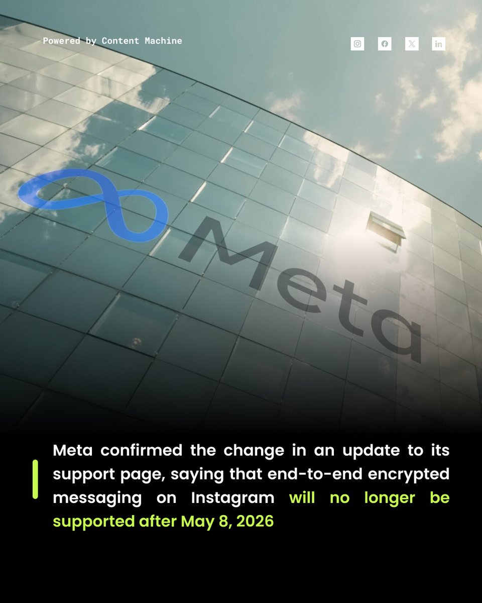 Gridlynne's tweet photo. Meta said the feature is being discontinued due to low usage. “Very few people were opting into end-to-end encrypted DMs, so we’re removing this option from Instagram in the coming months,” a spokesperson said.

#Meta #Instagram https://t.co/yVWoEdb2ae