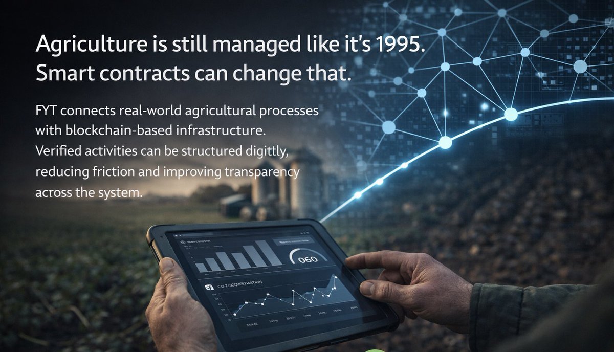 Most of agriculture still runs on spreadsheets, PDFs, and trust.

That’s the problem.

FYT replaces manual processes with programmable infrastructure — linking real-world activities to verifiable, on-chain data.

No paperwork. No black boxes.
Just traceability.

#ClimateTech