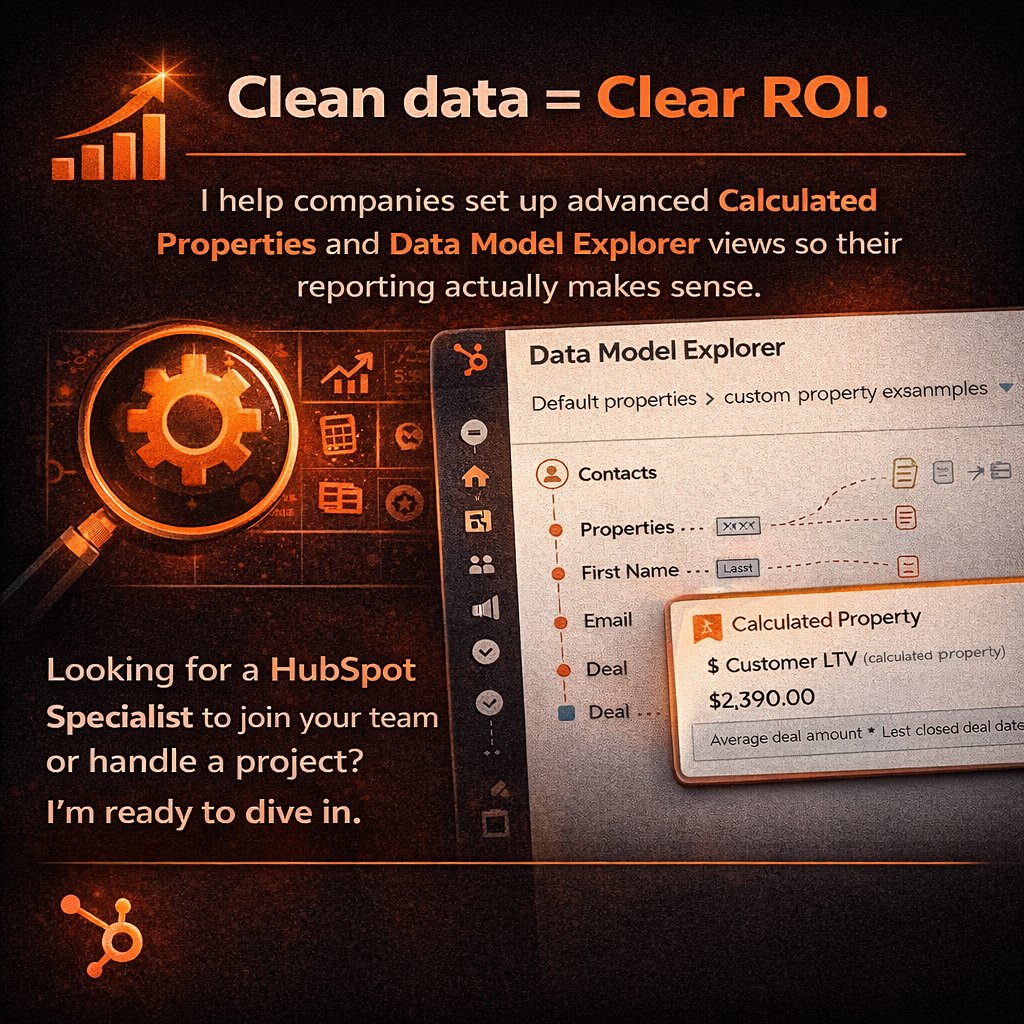 SaleemRevops's tweet photo. Clean data = Clear ROI. 

I help companies set up advanced Calculated Properties and Data Model Explorer views so their reporting actually makes sense.

Looking for a HubSpot Specialist to join your team or handle a project? I’m ready to dive in.#HubSpotExpert https://t.co/DmWCNx6rJC