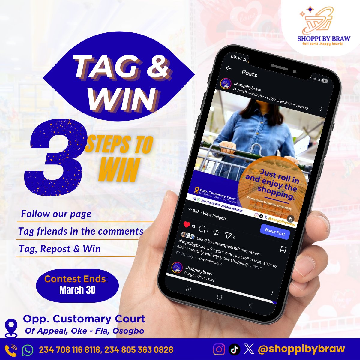 shoppibybraw's tweet photo. Tag and win 
#osogbo let's have some fun and win a price! 
1. Follow our page
2. Tag your friends in the comments or repost this post 
3. The person with the highest comments or replace wins 

Start tagging now and let the shopping begin!

#tagandwin #contests #shoplocal https://t.co/YqWQ2rM44c