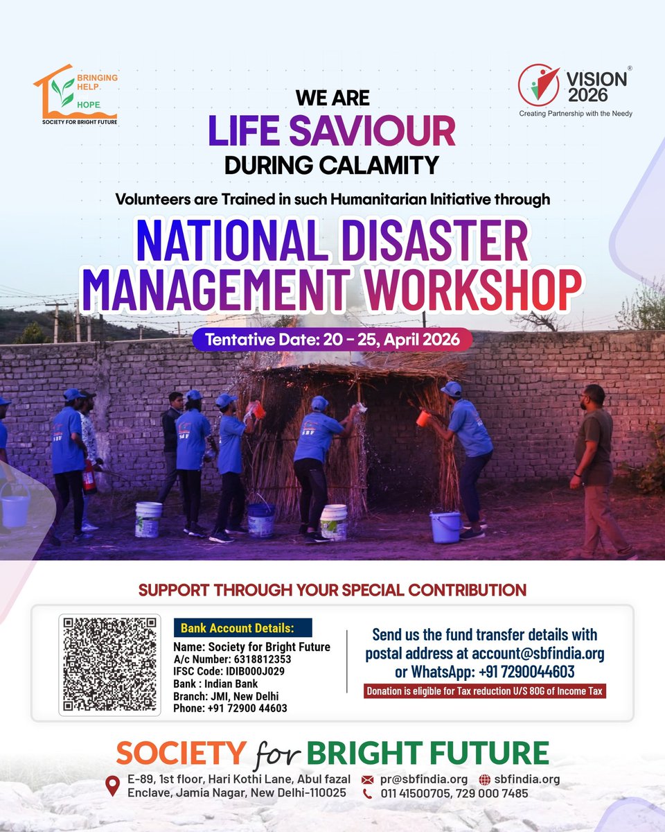 #Support #Disaster #Preparedness – #Save_Lives!

Be a part of National Disaster Management Workshop 2026 by Society for Bright Future.
Your #contribution will help train volunteers to respond during emergencies and disasters.

#Donate now &amp; make a real impact.