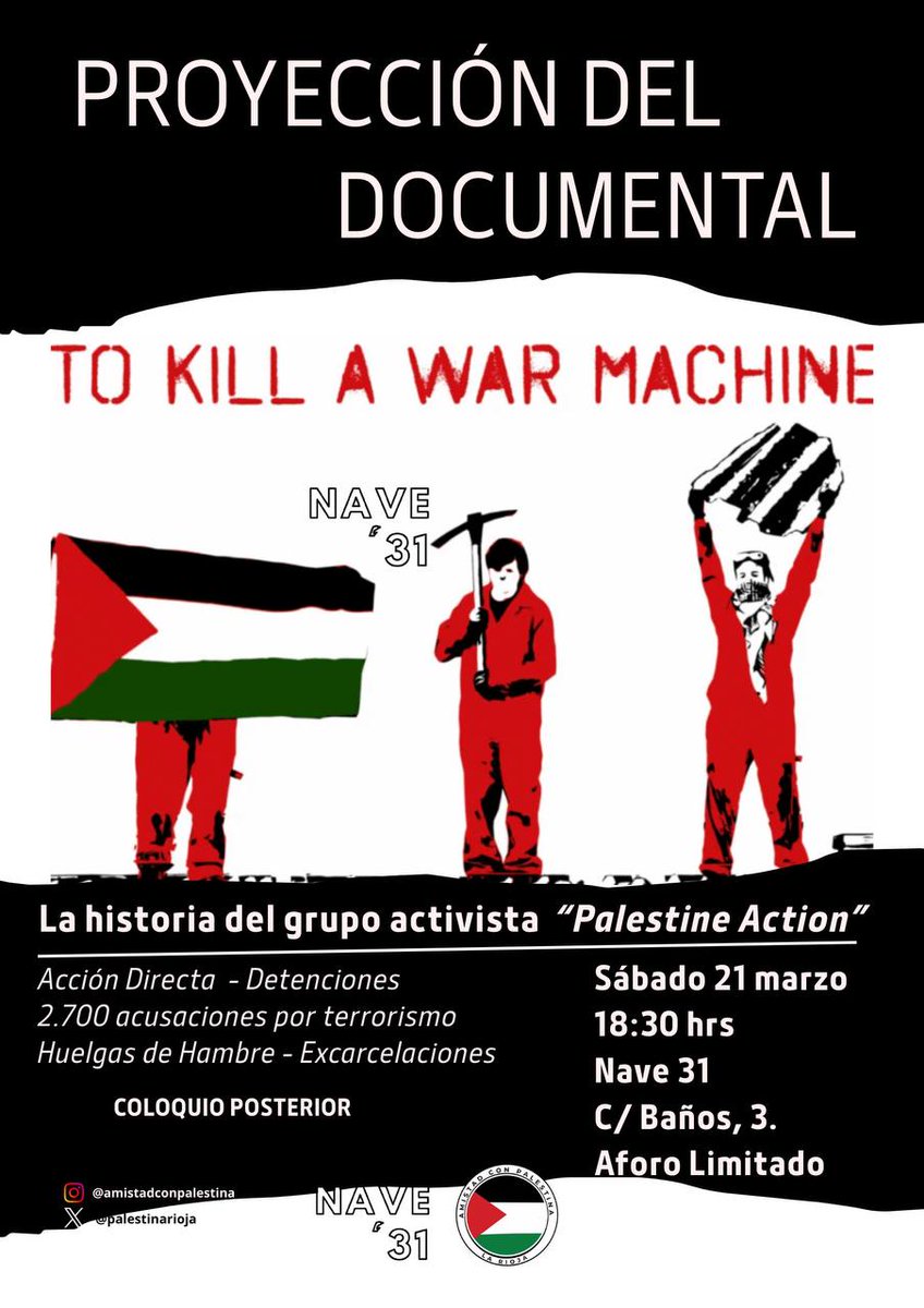 ATIM_Esp's tweet photo. Desde ATIM os invitamos este sábado 21 de marzo a las 18:30h en Nave 31 a la proyección del documental To Kill a War Machine, sobre Palestine Action. Un espacio de reivindicación y defensa de los derechos humanos en el que colaboramos. https://t.co/qe98BH46mp