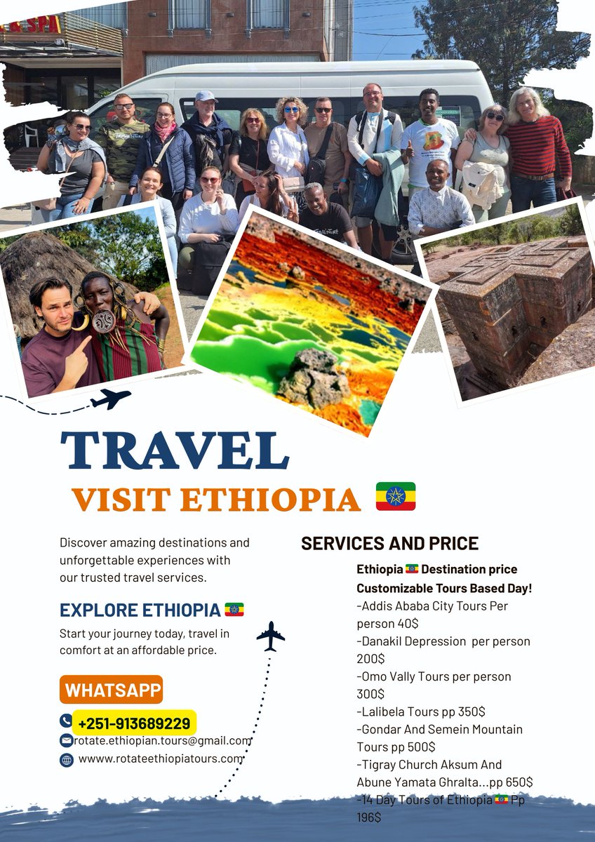Rotatethiotour's tweet photo. 🌍 Discover Ethiopia 🇪🇹
Lalibela • Danakil • Omo Valley
Tigray, Aksum, Gondar, Semein Mountains...
Culture, history &amp; adventure in one trip!
📲 +251913689229
https://t.co/eMWAaAawxb
#VisitEthiopia #TravelAfrica
#Ethiopia #AddisAbaba #Explore #Highlights #Travel #Tours #Visit https://t.co/sl4F10vo1f