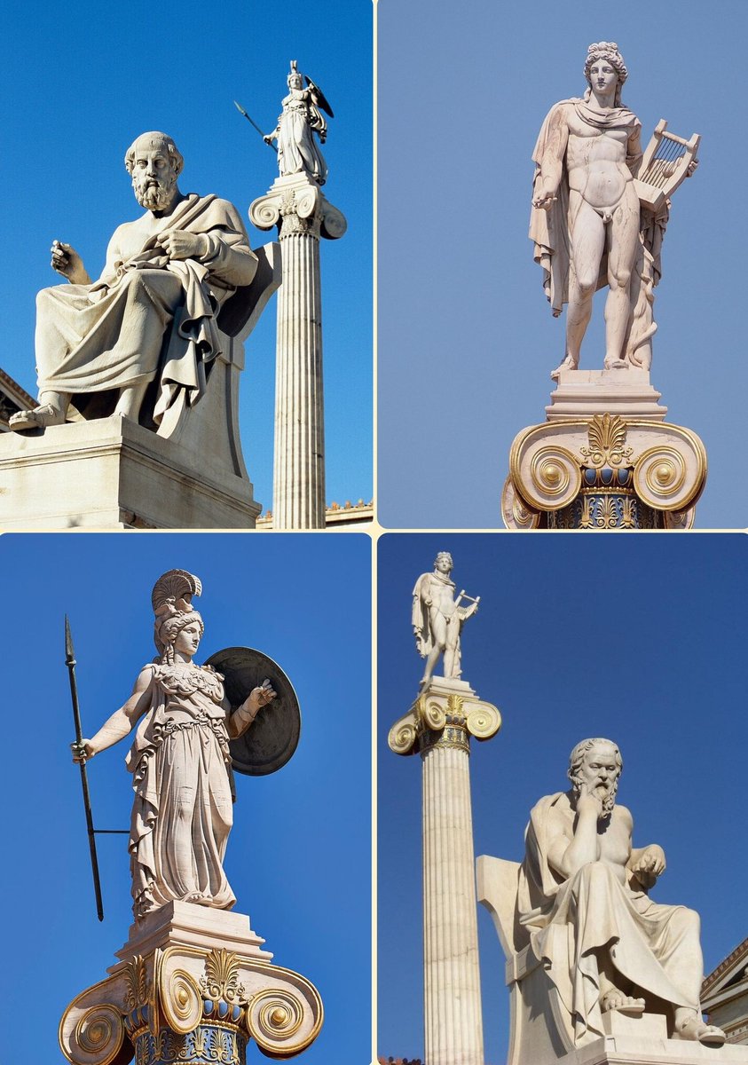 RealHellenist's tweet image. Statues Infront the Palace of the Academy of Athens:

Plato, God Apollo,
Goddess Athena, Socrates