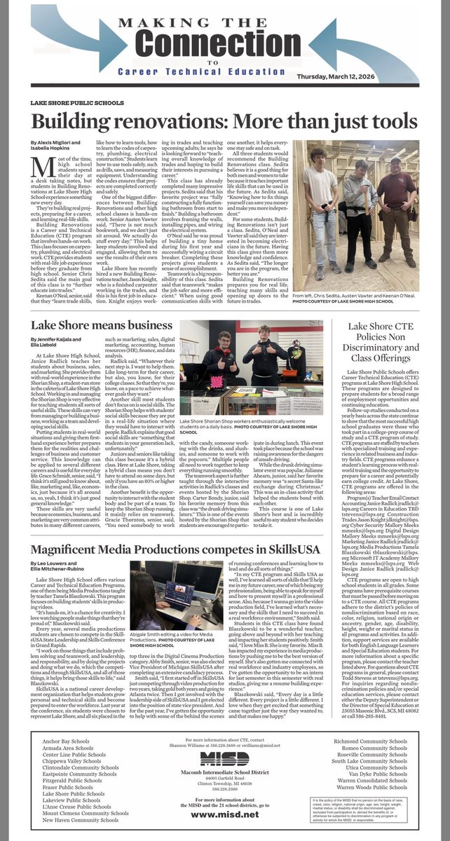 myLSPS's tweet image. 👏 Our Career &amp;amp; Technical Education programs were featured recently in the Macomb Daily — with articles written by our very own @LSHSShorian journalism students! #myLSPS 

🔗 lakeshoreschools.org/common/pages/G…