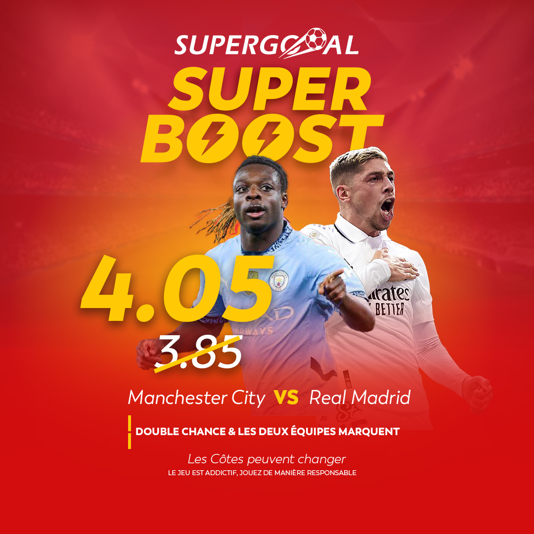 SupergooalCongo's tweet image. 🔥 SUPER BOOST 4.05 (au lieu 3.85) !
Double Chance + Les 2 équipes marquent → Man City vs Real Madrid
10k → 40.5k ? 🔥
Joue ici 👉 supergooal.cg/fr/pari/footba…
#SuperBoost #UCL #GrosGain #Supergooal